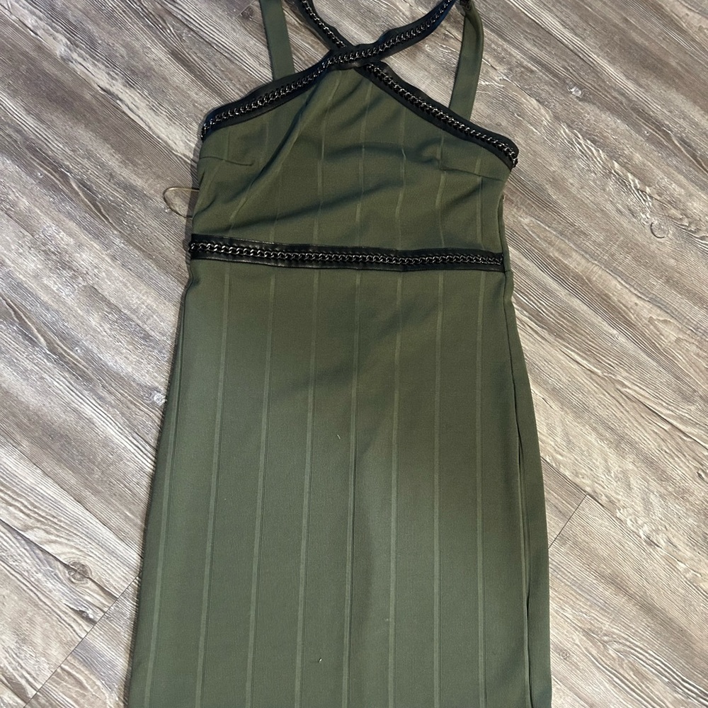 Topshop Olive Midi Dress with Black Trim